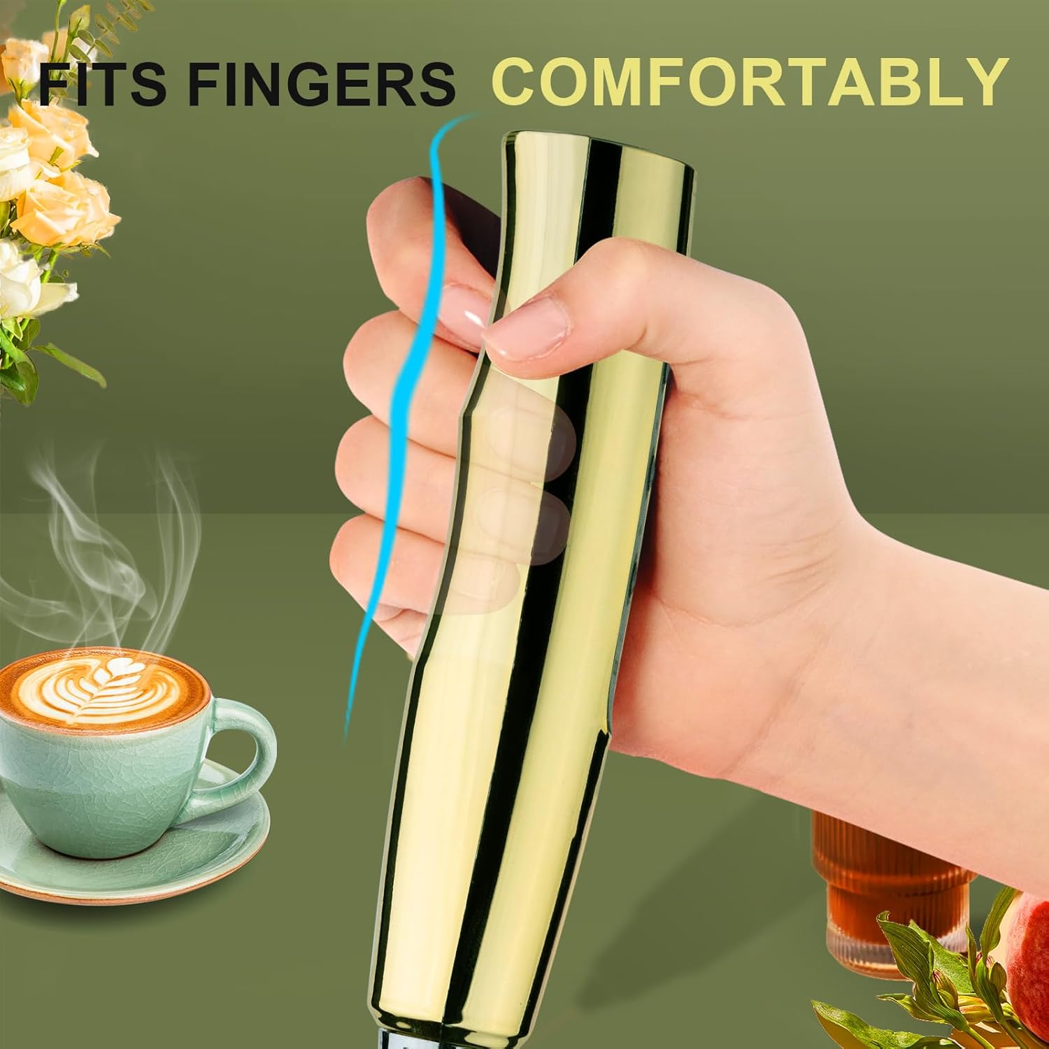 YUSWKO Handheld Milk Frother - Champagne Gold Electric Whisk with Stand, 3 Speeds & 3 Heads for Coffee, Latte & More