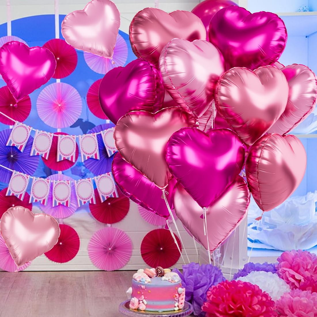 Pink Heart Balloons, 12 Pcs Hot Pink Foil Heart Shaped Balloons, 18 Inch Light Pink Mixed Heart Balloon Light Candy Color Helium Love Balloon for Valentines Day Wedding Engagement Party Decorations