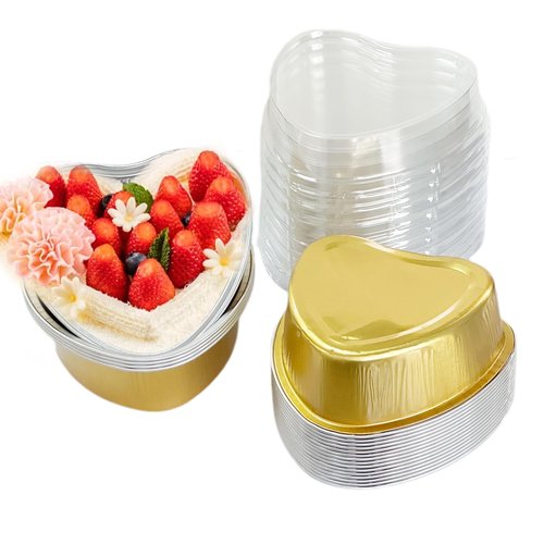 IVICOO Mini Cake Pans With Lids,Heart Shaped Cake Pans,20 Pcs 3.7oz/110ml Aluminum Foil Mini Disposable Heart Shaped Containers for Mother'S Day, Weddings and Birthdays Party (Golden)