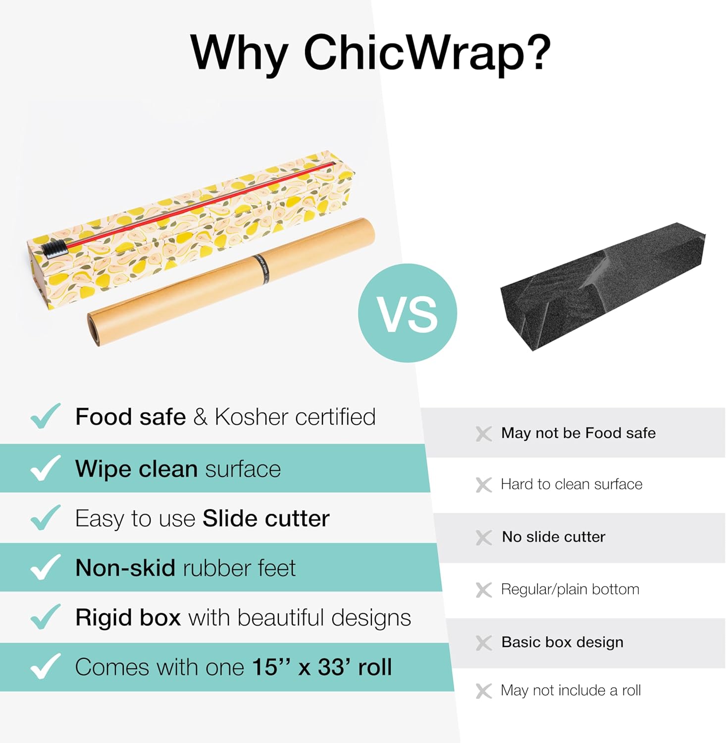 ChicWrap Parchment Paper Dispenser - Unbleached 15"x 33' Roll for Baking & Cooking | Reusable with Slide Cutter