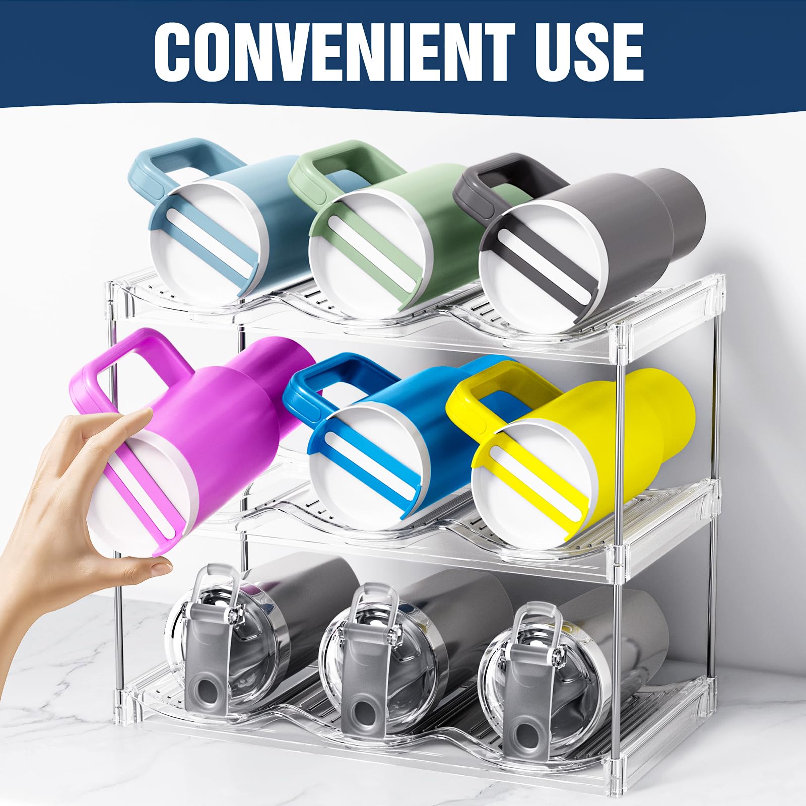 AWGOU Stackable Water Bottle Organizer for Cabinet, Bottle and Other Tumbler Organizer for Kitchen Cabinets,Clear Stackable Water Bottle Holder and Wine Rack