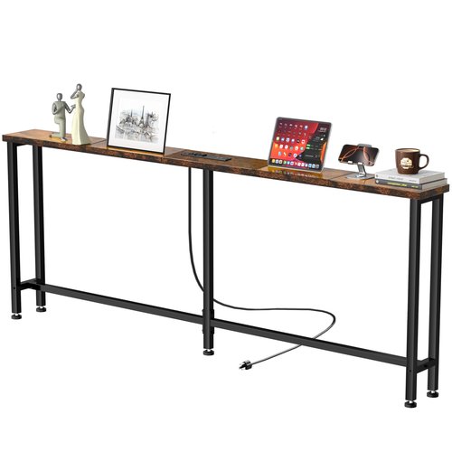 GRLEAF 78" Sofa Table with Built-in Power Strip (2 AC Outlets & 2 USB Ports) – 4.9ft Power Cord, Metal Frame, Easy Assembly, Long Couch Table Behind Sofa, Living Room and Home Office | Rustic Brown