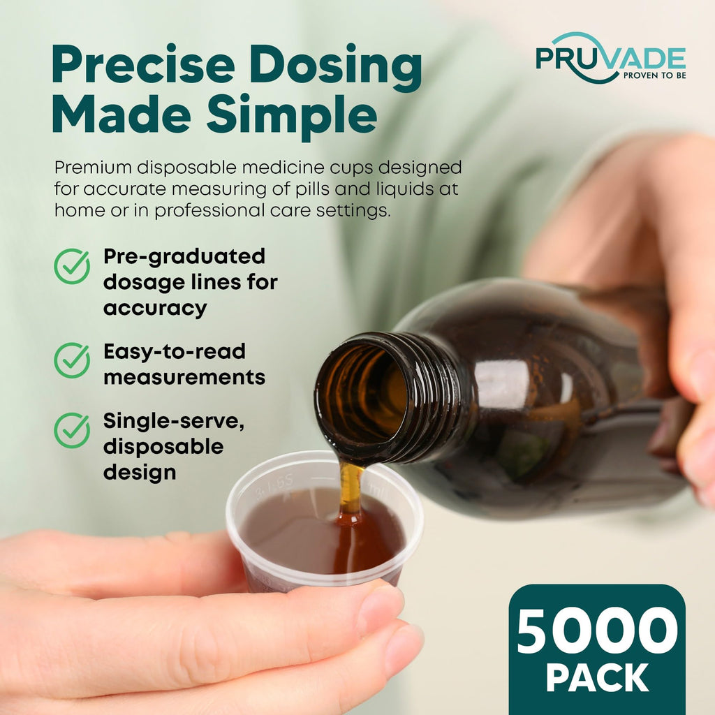 [5000 Count - 1 oz.] Pruvade Disposable Plastic Medicine Cups with Graduated Dosage Lines for Pills or Liquid, Single Serve Measuring for Home, Nurse, Hospital, Medical Care, Resin Mixing, Mouthwash