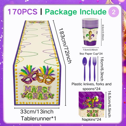 170 PCS Mardi Gras Plates and Napkins Purple and Gold Party Supplies Set Disposable Dinnerware Set for 24 Guests Mardi Gras Decorations (B White)