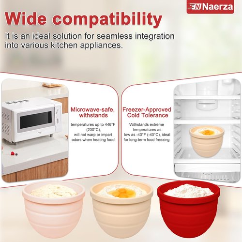 Naerza Silicone Bowl Insert for Kitchen Aid 5 Qt Tilt-Head - Patented Design Bowl Liner, 3pack with Lids, Resistant to collapse Thicker Bowl Insert, Foldable, Heat/Cold Resistant (Red*Beige*Beige)
