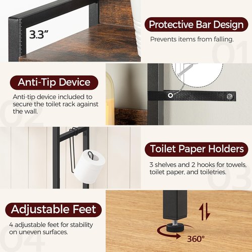MAHANCRIS Over The Toilet Storage Rack, 3 Tier Bathroom Organizer Over Toilet, Freestanding Space Saver Toilet Stand with 2 Hooks, Bathroom Storage Shelf, Easy to Assemble, Rustic Brown TSHR6001