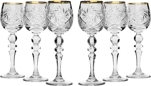 World Gifts Set of 6 Russian Cut Crystal Stemmed Shot Glasses 2 oz - USSR Soviet 24K Gold Rimmed Sherry Cordial Glassware