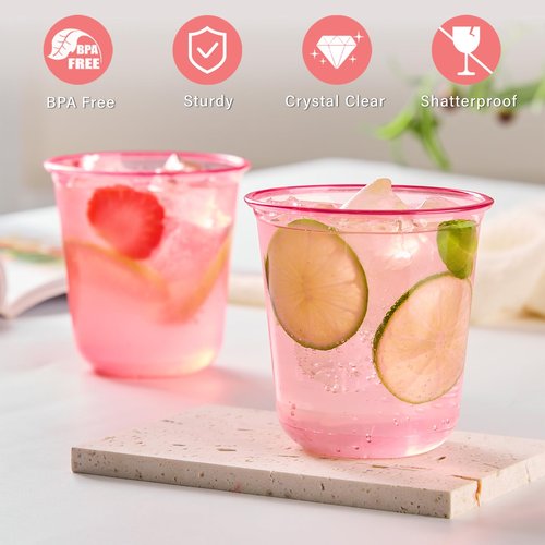 Qeirudu 50 Pcs Pink Plastic Cups, 12oz Disposable Stemless Wine Glasses Pink Cocktail Party Cups for Mother's Day, Meeting, Wedding, Birthday Party