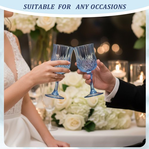 HTTBEIZI 7OZ Plastic Wine Glasses, Disposable Goblets Drinking Glasses Crystal Vintage Water Cups Unbreakable Champagne for Valentine’s Day, Wedding, Parties (48, Blue)