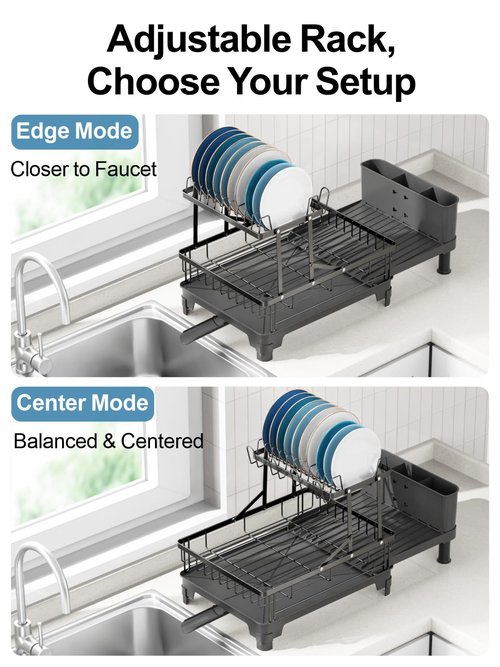 GSlife 2 Tier Dish Drying Rack with Drainboard, Expandable Large Dish Drainer for Kitchen Counter, Rust Resistant Dish Drainer with Cup Holder & Utensil Holder, 12.6" W x 18.7"-25.2" L, Black