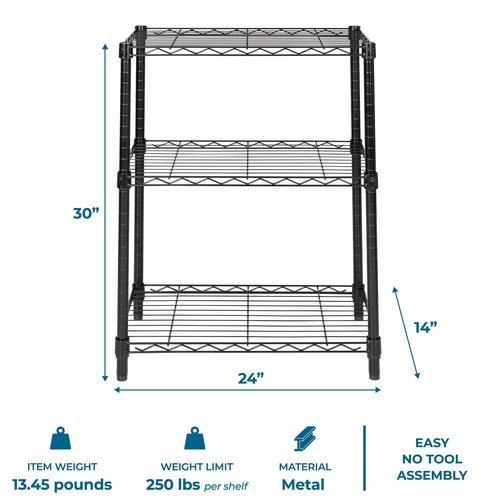 Honey-Can-Do 3-Tier Heavy Duty Adjustable Shelves, Metal Storage Rack With 250-lb Shelf Capacity, Black, 14" W x 24" L x 30" H