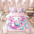 Erosebridal Axolotl Comforter Cute Salamander Pattern Kawaii Bedding Set 7 Pieces Twin Size Sweet Dessert Milk Tea Sheet Set Ocean Beach Coastal Flat Sheet for Kids Girls Boys Bedroom Decor,Pink