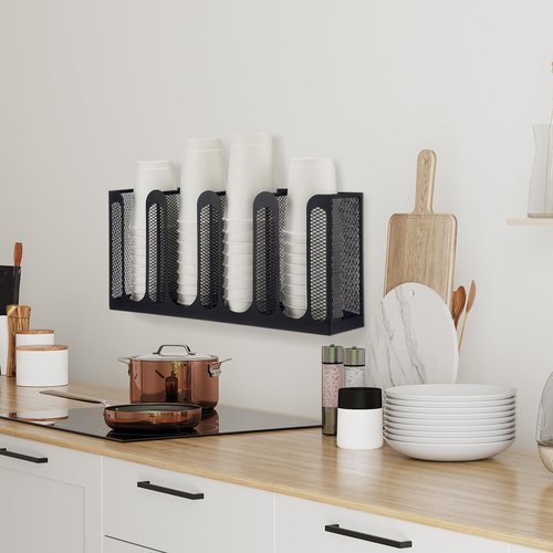 Maxcheck Metal Mesh Cup and Lid Holder Coffee Paper Cup Dispenser Lid Holder Storage Organizer Countertop or Wall Mount for Coffee Bar, Kitchen, Breakroom(4 Compartments,16.1 x 4.1 x 8 Inch)