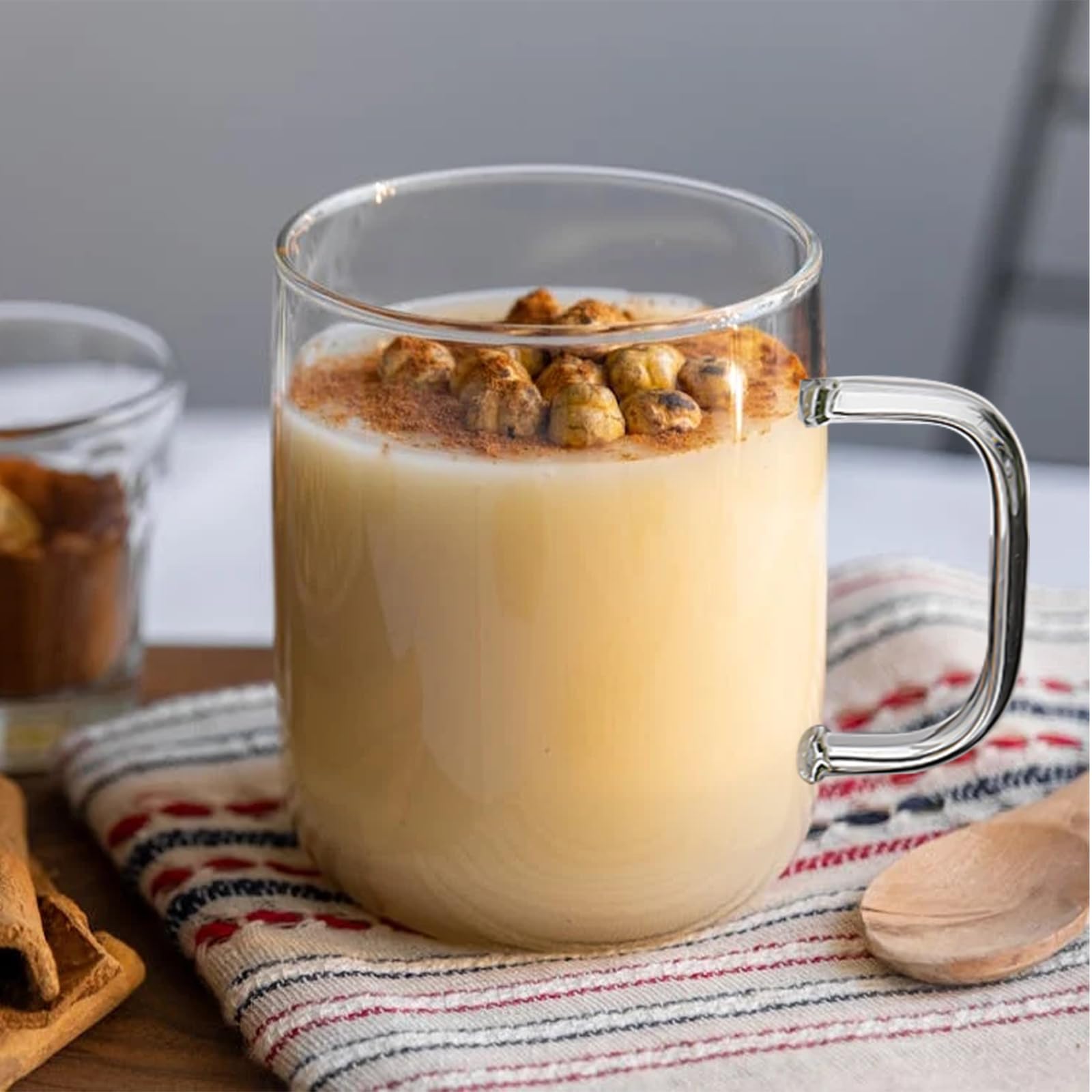 OWATRKDEY Glass Coffee Mugs Cups with Acacia Wood Lid 20 oz, Glass Mug Set of 2, Large Coffee Mug with Handles, Coffee Mugs for Latte, Espresso, Tea