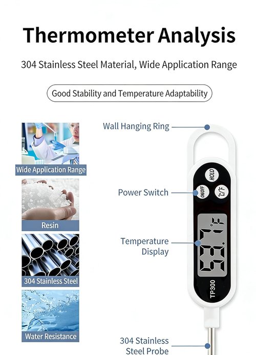 Digital Display Food Thermometer - 304 Stainless Steel Probe | Fast, Accurate Measurements, Waterproof