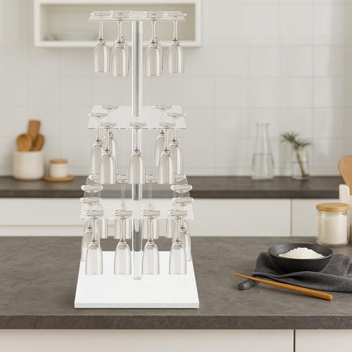 VERSSURE Champagne Tower with Marble Base, 26 Slots Champagne Display Rack for Serving and Drying, 3-Tier Cocktail Tree Stand for Drinks, Square Champagne Stand Holder for Wedding and Party (White)