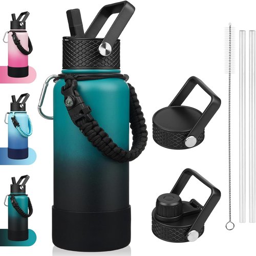 BJPKPK 32oz Insulated Water Bottle - Stainless Steel, 3 Lids, Paracord Handle | Army Green & Black