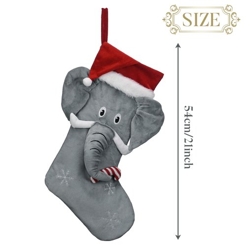 Valery Madelyn Christmas Stockings Decorations, 21 Inch Fabric Red Gray Elephant Cute Plush Personalized Fireplace Hanging Ornament for Holiday Xmas Party Decor