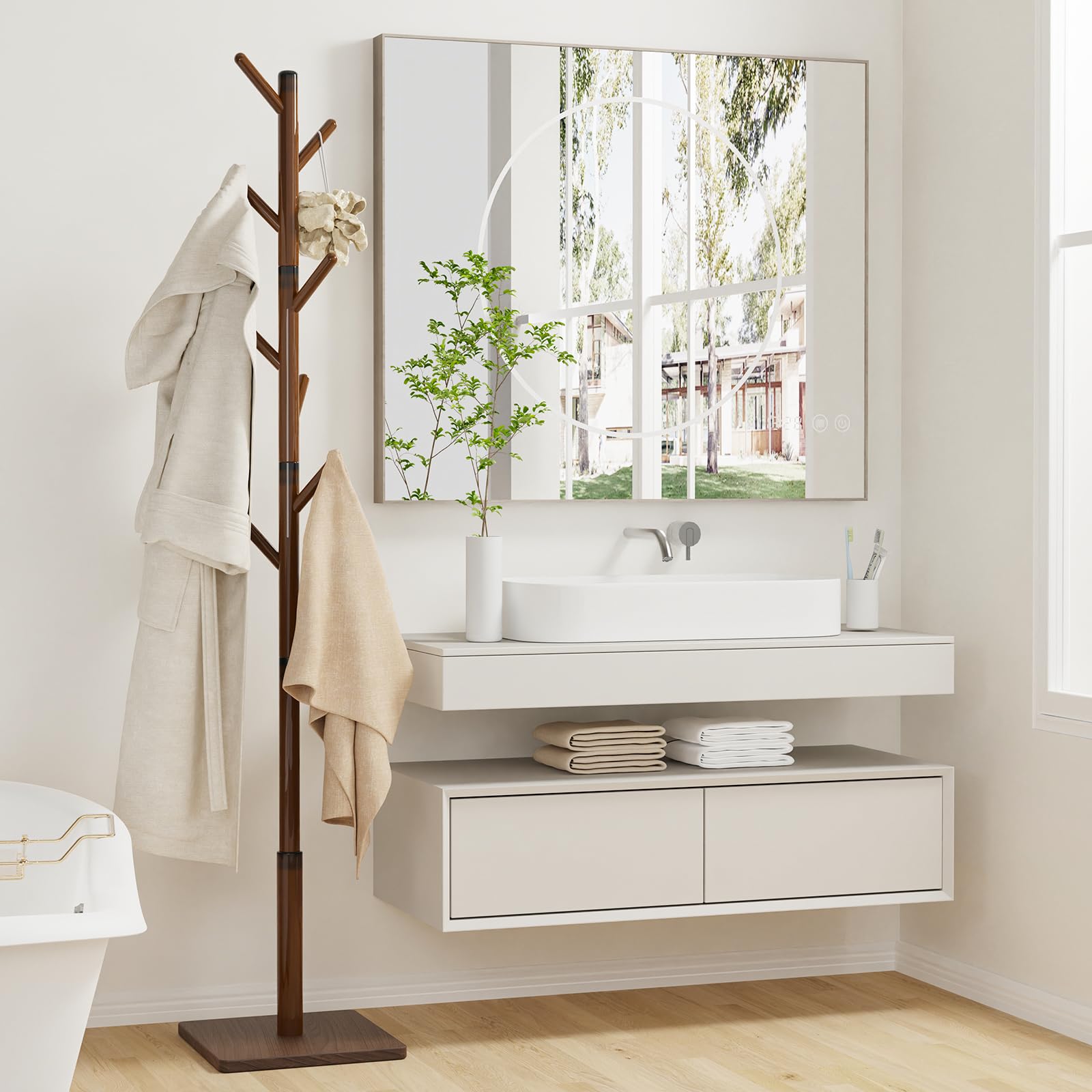 YheenLf Coat Rack Freestanding with Stable Square Base for Cloathes, Hat, Used in Bedroom, Office and Entryway, Sturdy and Easy Assembly Coat Tree with 3 Adjustable Sizes and 8 Hooks, Brown