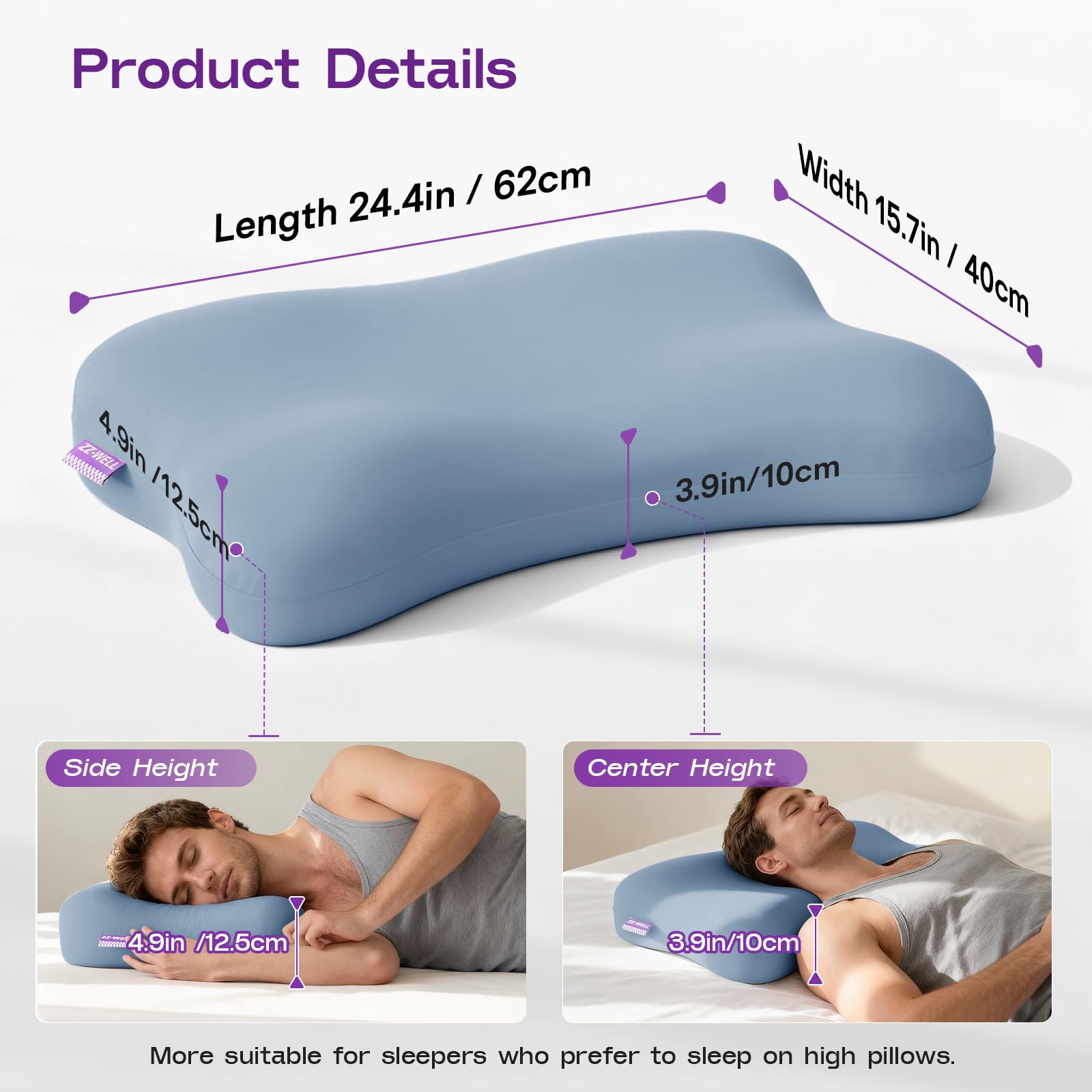ZZ-WELL Side Sleeper Pillow - Patented Cervical Neck Pillow for Sleeping with Cooling Cover - High Loft Heavy Density Memory Foam Pillows for Side Sleepers & Broad Shoulders Adults (Blue)