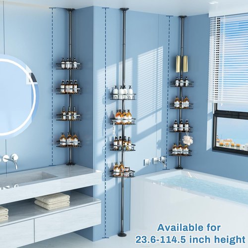 Cutefafa Rustproof Corner Shower Caddy - Height Adjustable Tension Pole with 4 Large Baskets | 23.6 to 114.5 Inch