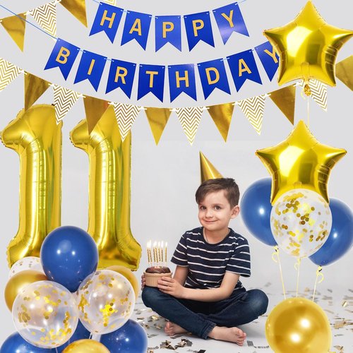 11th Birthday Decorations by [Brand Name] - Navy Blue & Gold Balloons with 40-Inch Number 11 Foil & Banner