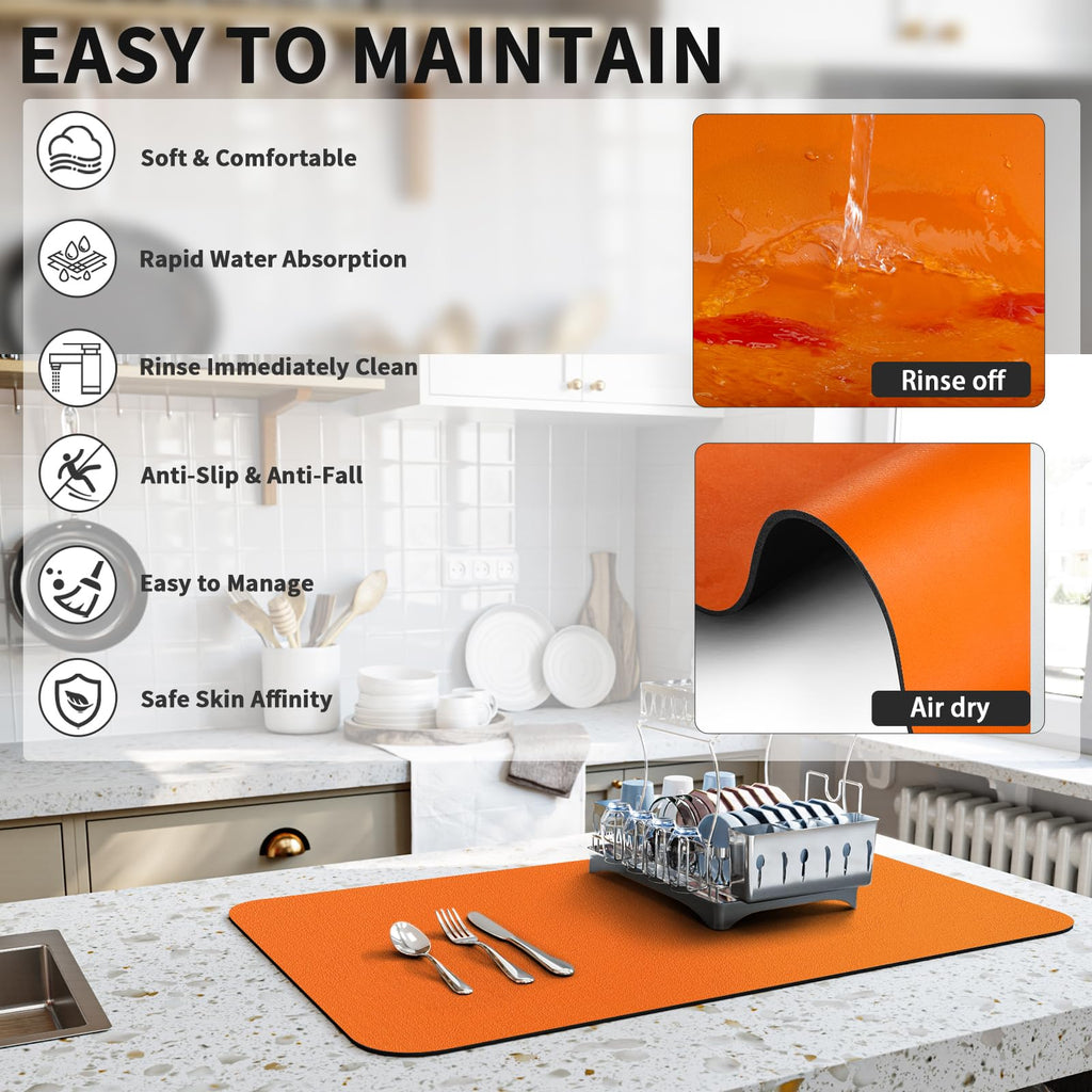 HotLive Dish Drying Mat for Kitchen Counter, Heat Resistant Drainer Mats with Non-slip Rubber Backed, Hide Stain Kitchen Super Absorbent Draining Mat, Easy to Clean Dish Rack Pad, Orange 18"x24"