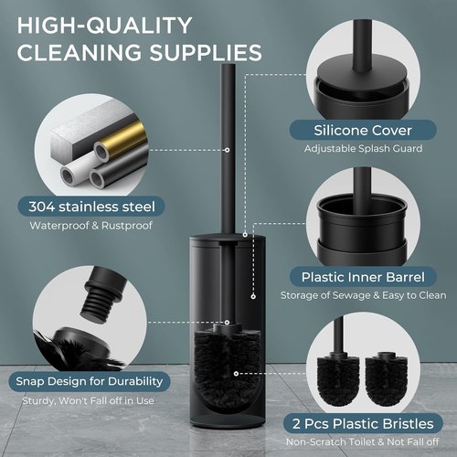 FORIOUS Toilet Brush Set - Heavy Duty 304 Stainless Steel Base & Long Handle - 2 Brush Heads Included