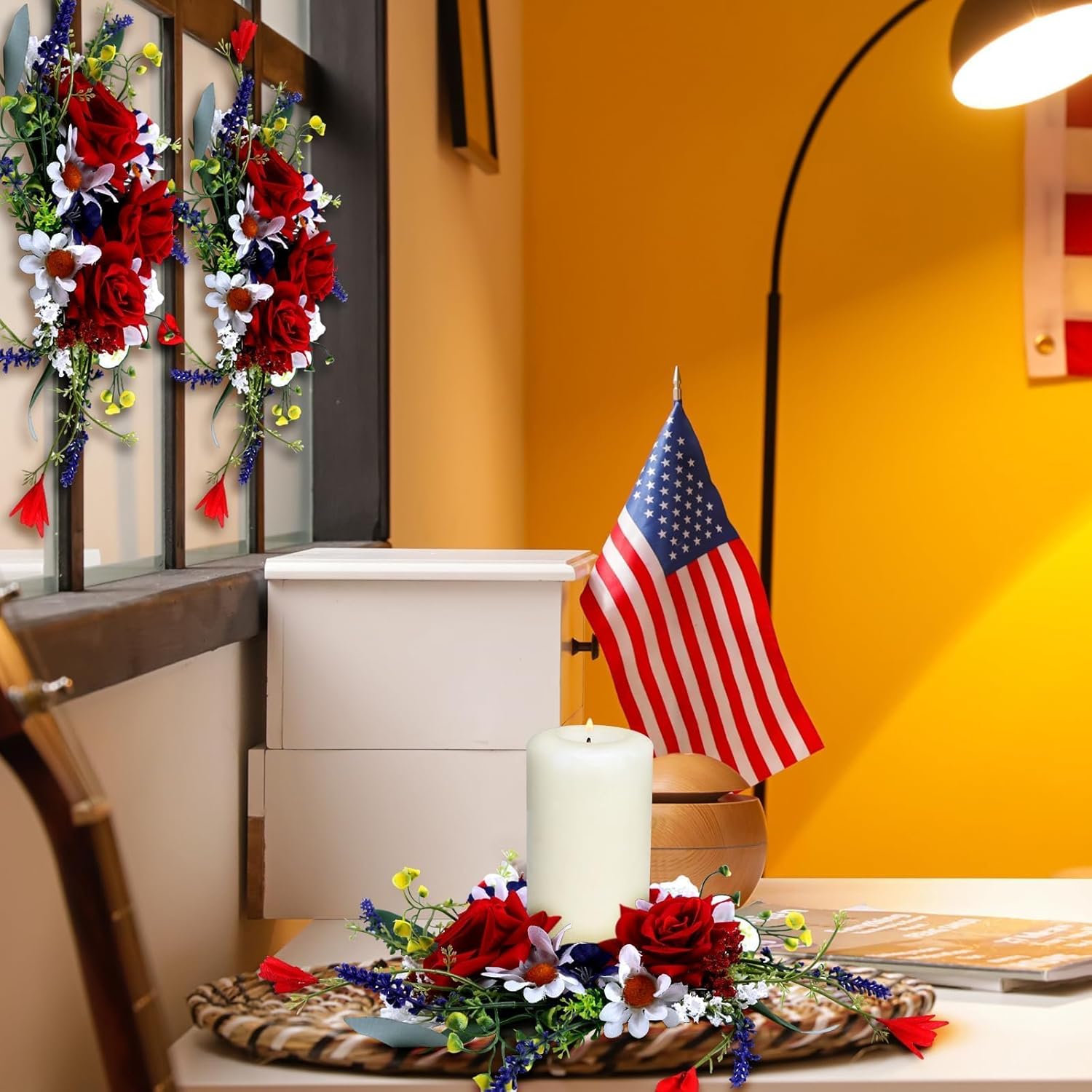 Veterans Day Candle Rings - 4 Pcs Red, White & Blue Mini Floral Wreaths for Patriotic Decor