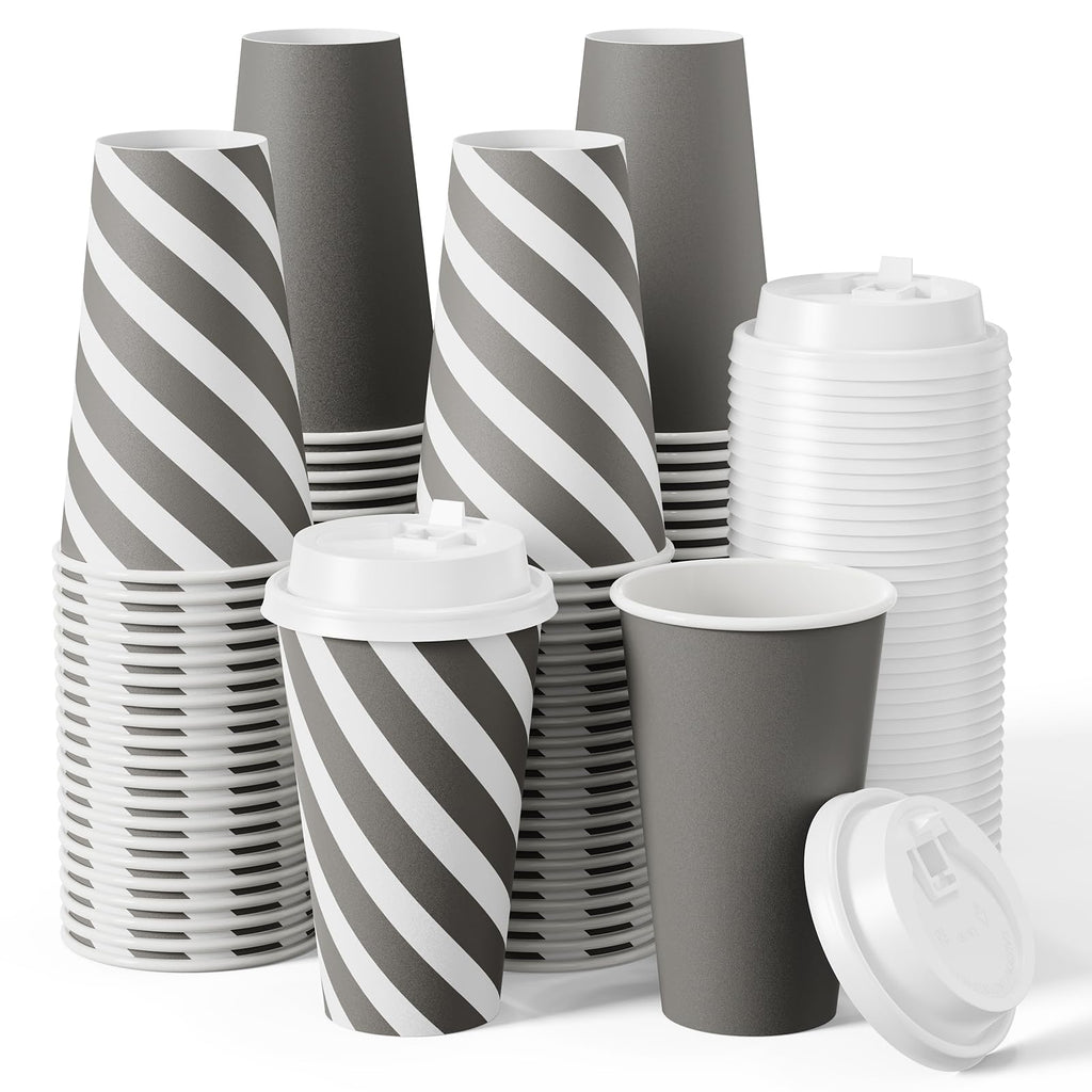 JOLLY CHEF 100 Pack 16 oz Paper Coffee Cups, Disposable Printed Hot Cups with Lids for Home, Business, Restaurant and Cafe (Stripes and Grey)