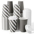 JOLLY CHEF 100 Pack 16 oz Paper Coffee Cups, Disposable Printed Hot Cups with Lids for Home, Business, Restaurant and Cafe (Stripes and Grey)