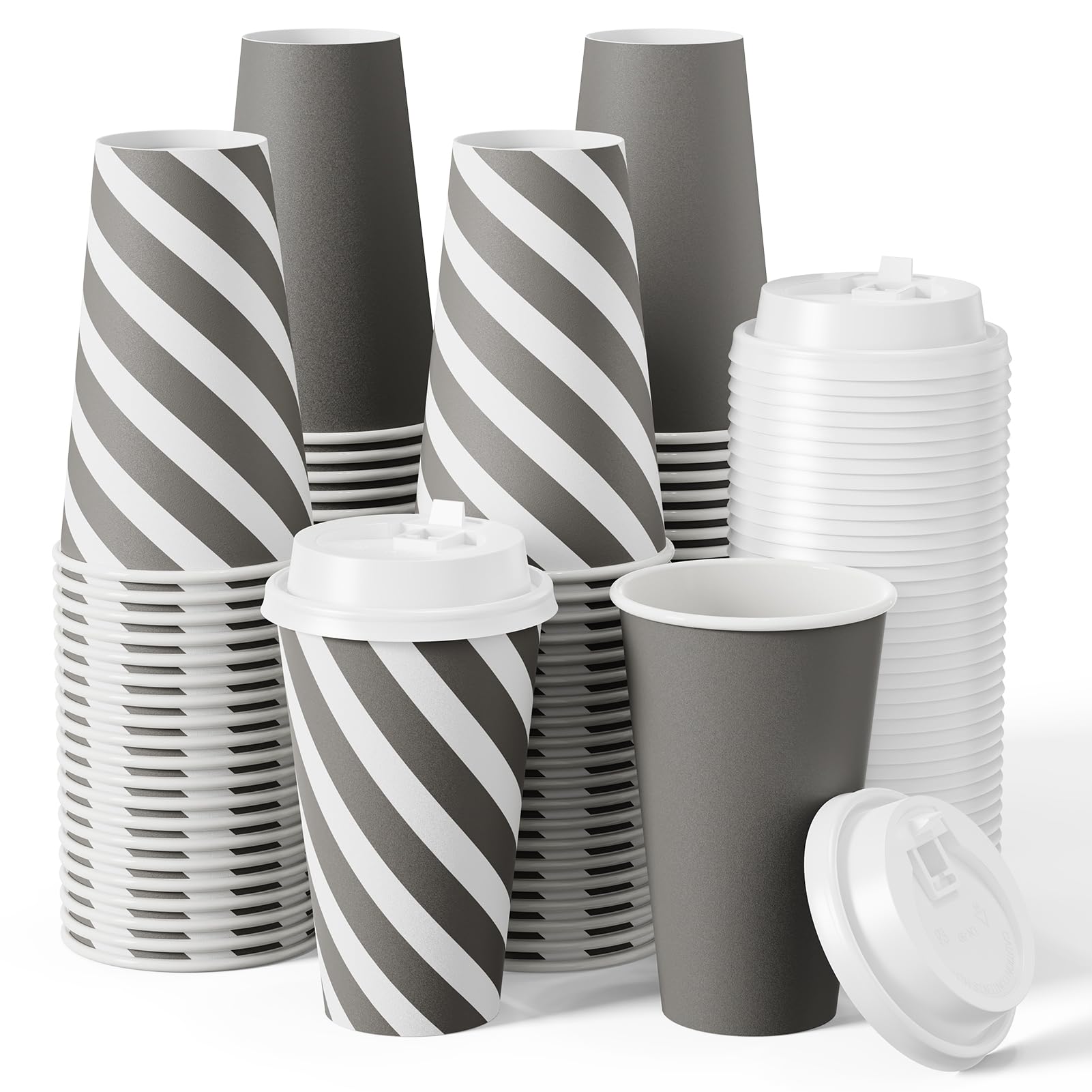 JOLLY CHEF 100 Pack 16 oz Paper Coffee Cups, Disposable Printed Hot Cups with Lids for Home, Business, Restaurant and Cafe (Stripes and Grey)