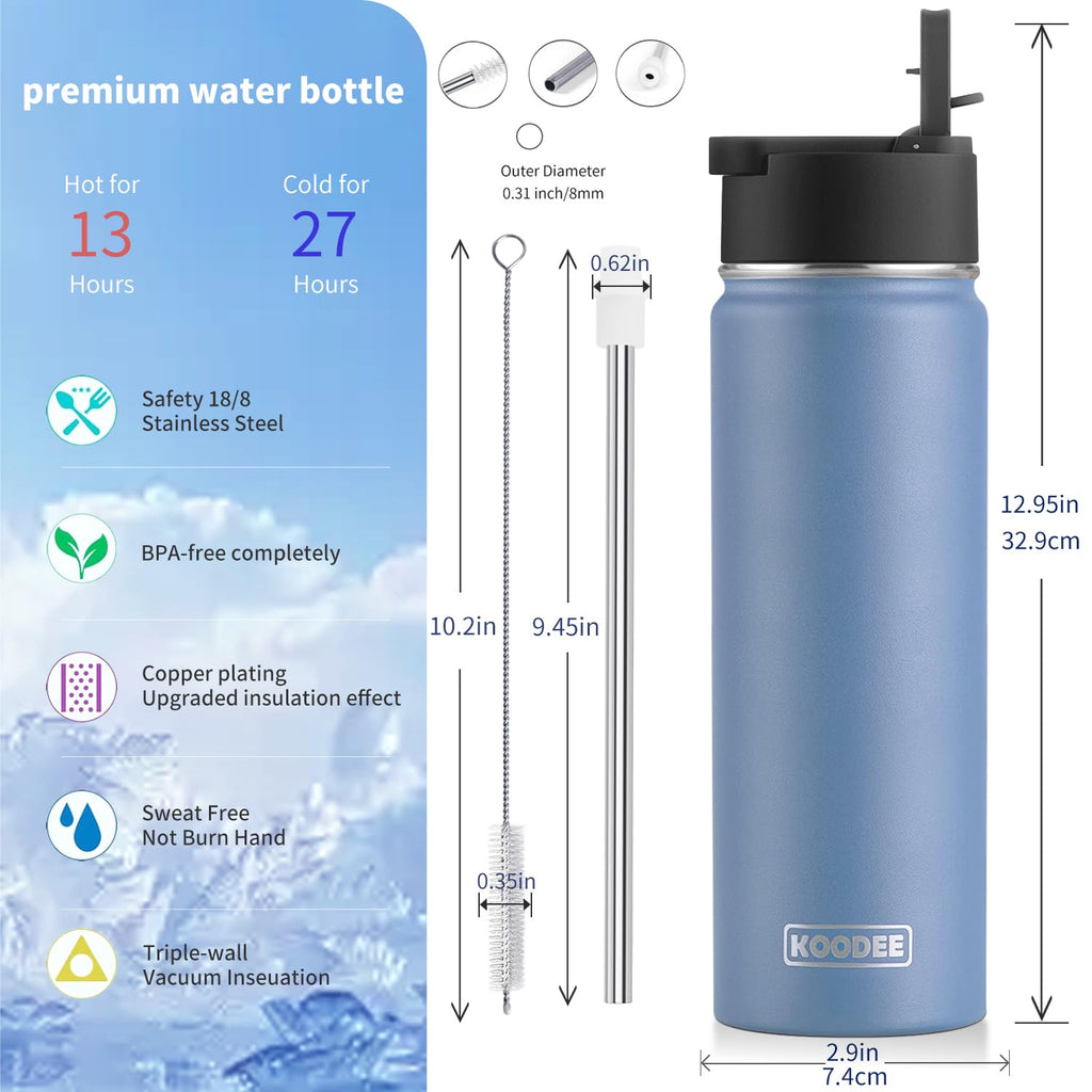 koodee Water Bottle-26 oz Stainless Steel Vacuum Insulated Sports Wide Mouth Water Bottle with Straw Lid, Reusable Metal Water Flask for School (Royal Blue)