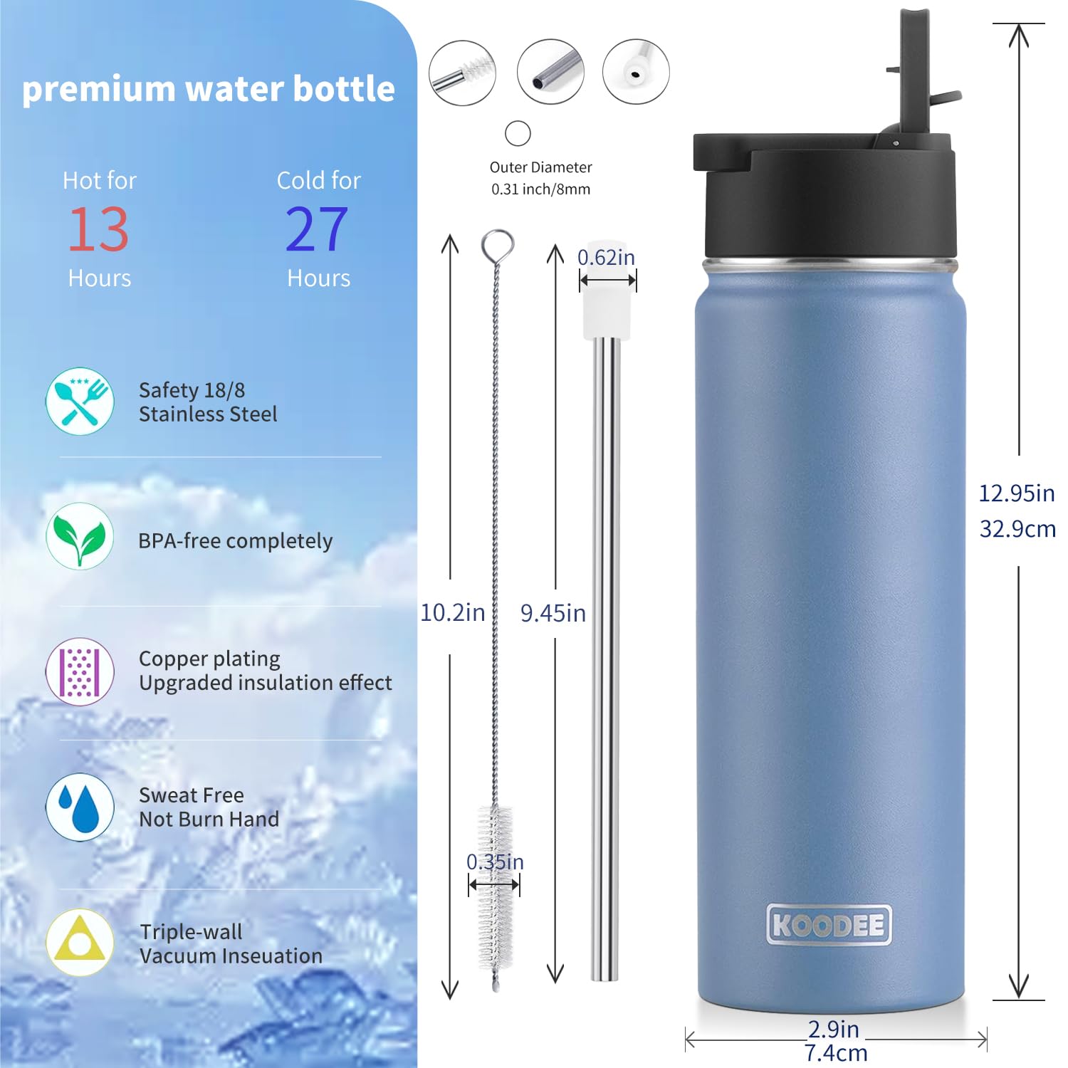 koodee Water Bottle-26 oz Stainless Steel Vacuum Insulated Sports Wide Mouth Water Bottle with Straw Lid, Reusable Metal Water Flask for School (Royal Blue)