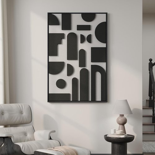 Framed 3D Black and White Abstract Wall Art - Modern Geometric Block Artwork for Home Decor | 24x36 In