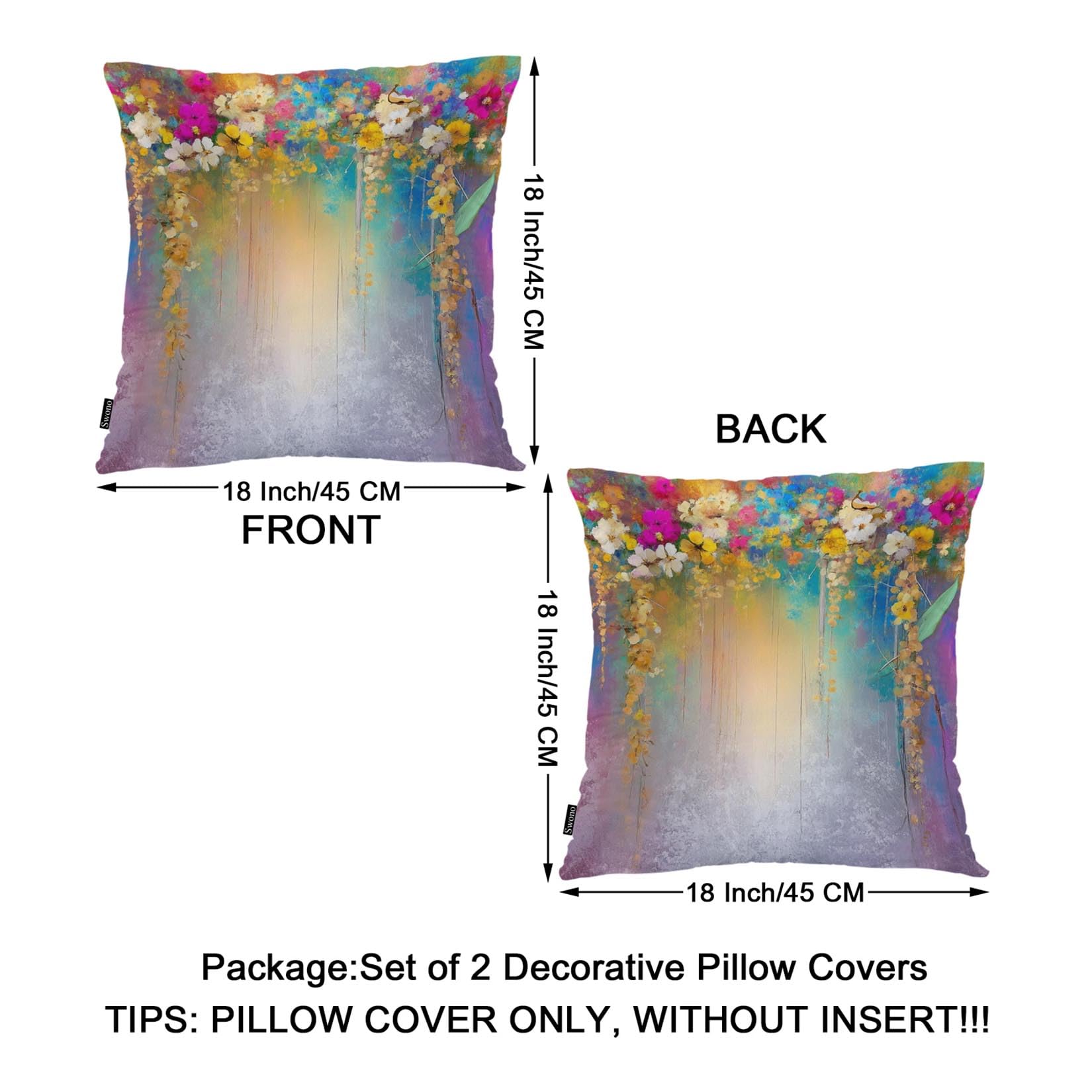 Swono Set of 2 Decorative Throw Pillow Covers Ivy Flowers, Abstract Blossom Floral Farmhouse Pillowcases Accent Pillow Cushion Cover for Couch Sofa Bed Office Armchair 18 X 18 Inch, Rainbow Purple
