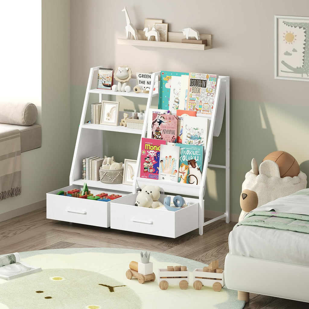 MAHANCRIS Kids Bookshelf and Toy Storage,3-Tier Sling Bookcase for Kids,Sturdy Toddler Bookshelf for Nursery,Playroom, Bedroom,White KBWT8401