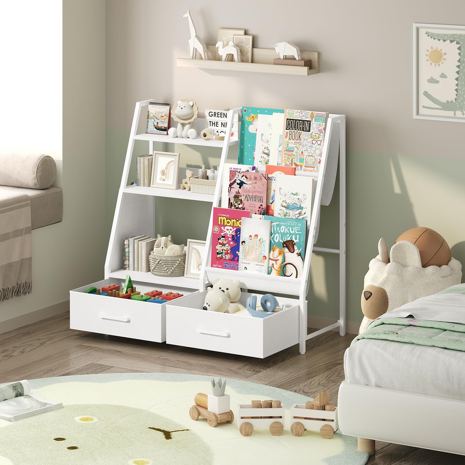 MAHANCRIS Kids Bookshelf and Toy Storage,3-Tier Sling Bookcase for Kids,Sturdy Toddler Bookshelf for Nursery,Playroom, Bedroom,White KBWT8401