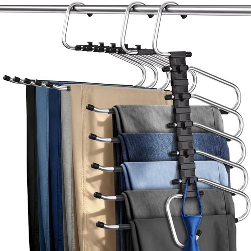 MERDTTES Pants Hangers 2 Pack Space Saving Metal Closet Organizer, Anti-Slip Design, Multi-Layer Space Saving Hangers, Closet Organizers and Storage for Jeans, Trousers, Skirts, Scarves, Slacks, Black