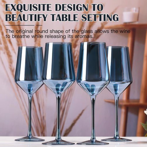 comfit Midnight Blue Wine Glasses Set of 6-15oz Hand Blown Blue Wine Glasses Set for Party Wedding Home Bar, New Year Gifts