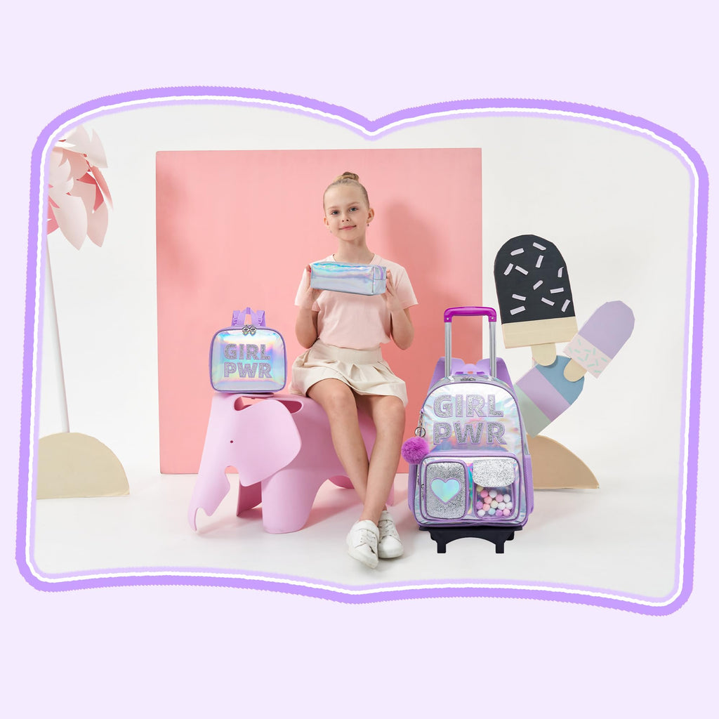 Meetbelify Rolling Backpack for Girls Backpack with Wheels for Elementary Student Kids School Bag with Lunch Box Pencil Case for Girls Ages 6-8 Years Old