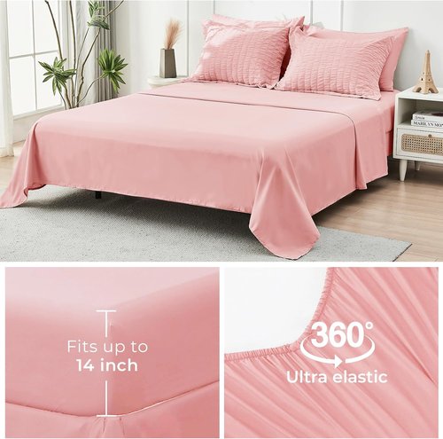 HYMOKEGE Queen Comforter Set - Luxurious Rose Pink Seersucker 7-Piece Bedding Set for All Seasons