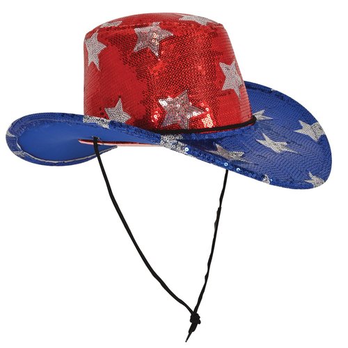 Beistle Fabric Sequined Patriotic Cowboy Hat, Chin Strap for 4th of July Party, Labor Day Celebration, Red White and Blue for USA Events
