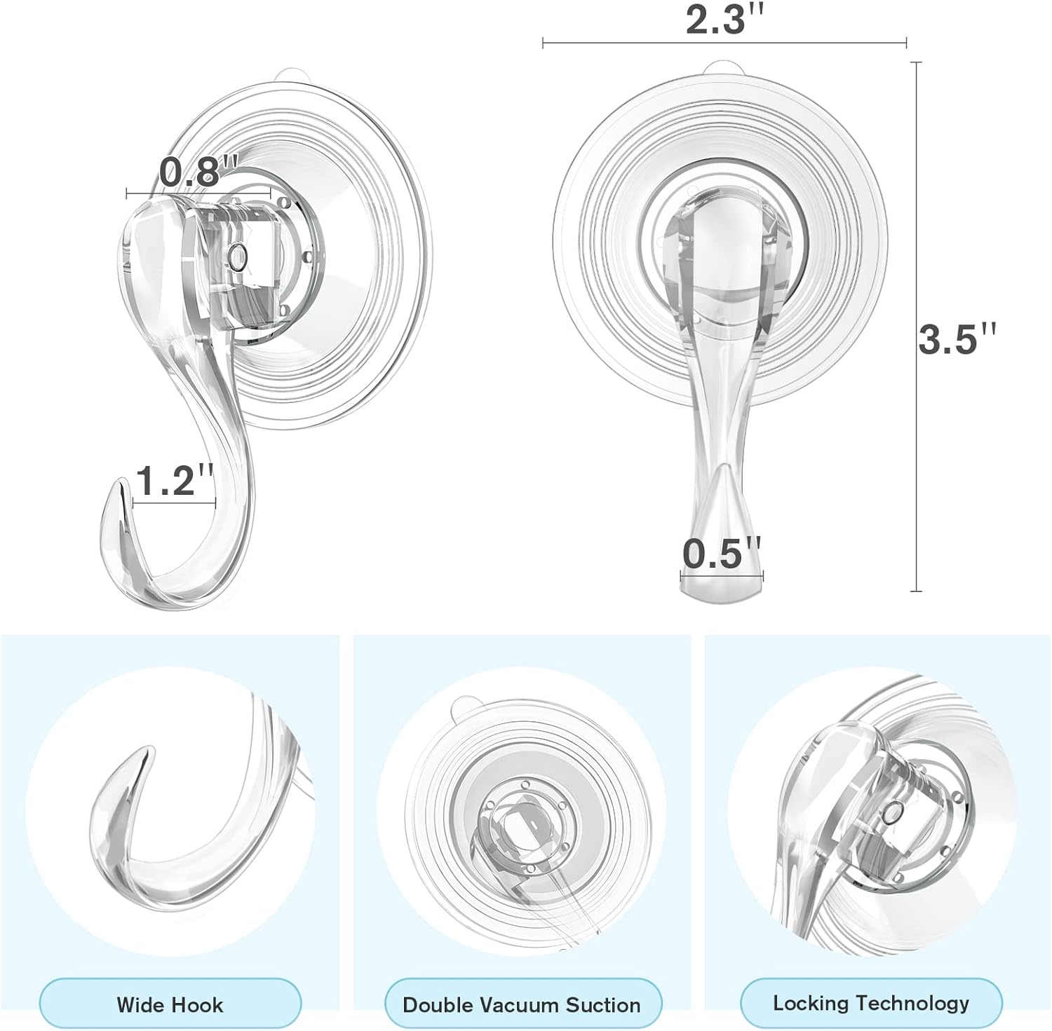 VIS'V Suction Cup Hooks - Heavy Duty Shower Hooks, Removable & Reusable, Clear | 2 Pcs