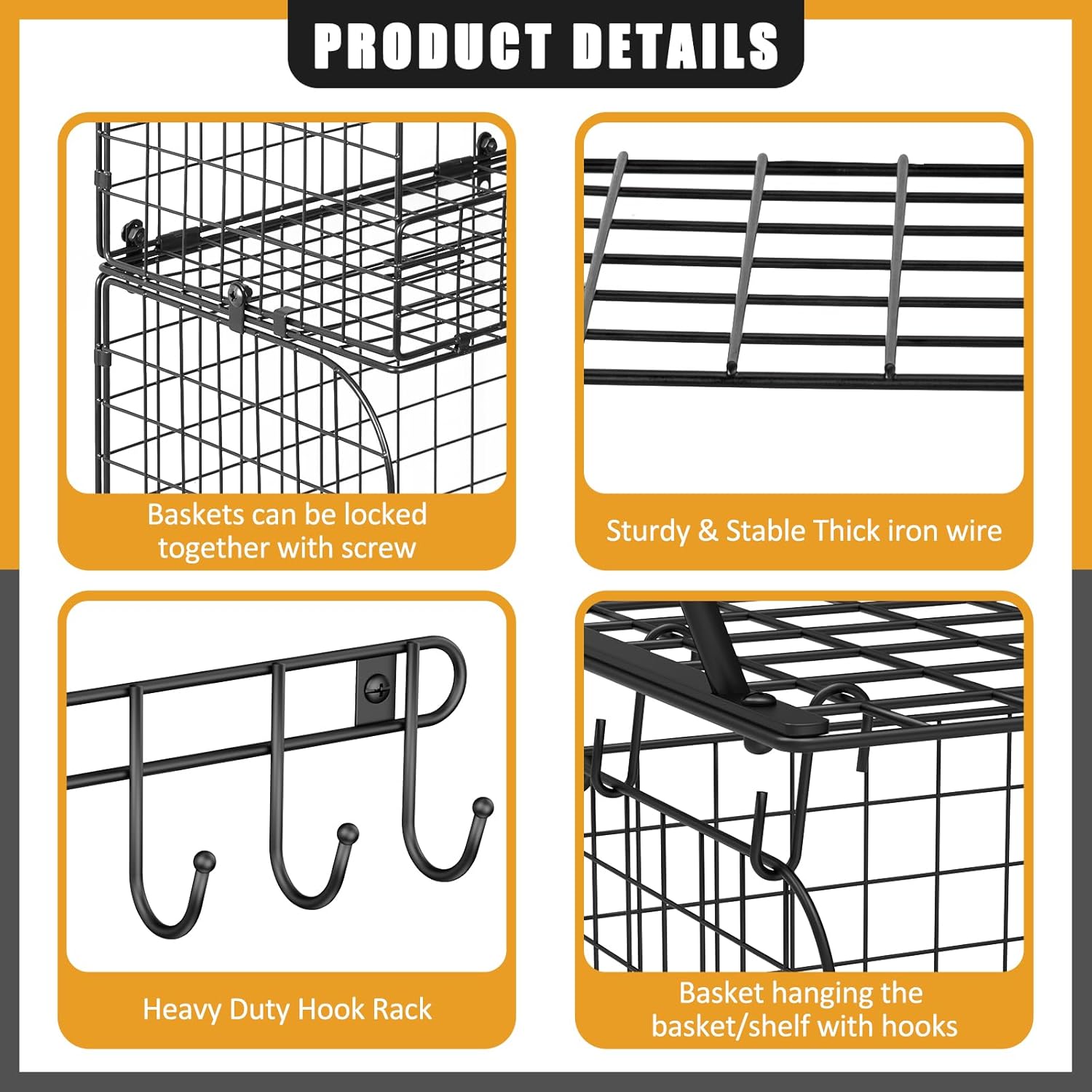 ThreeHio Garage Shelves - Heavy Duty Wall Mounted Shelving with Wire Baskets & Hooks | 2 Pack Tool Organizer