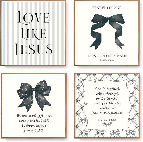 LARTSFRO Coquette Black Bow Wall Art Decor - Inspirational Christian Posters | Set of 4 Unframed 10x10 Inch Pictures for Teen Girls