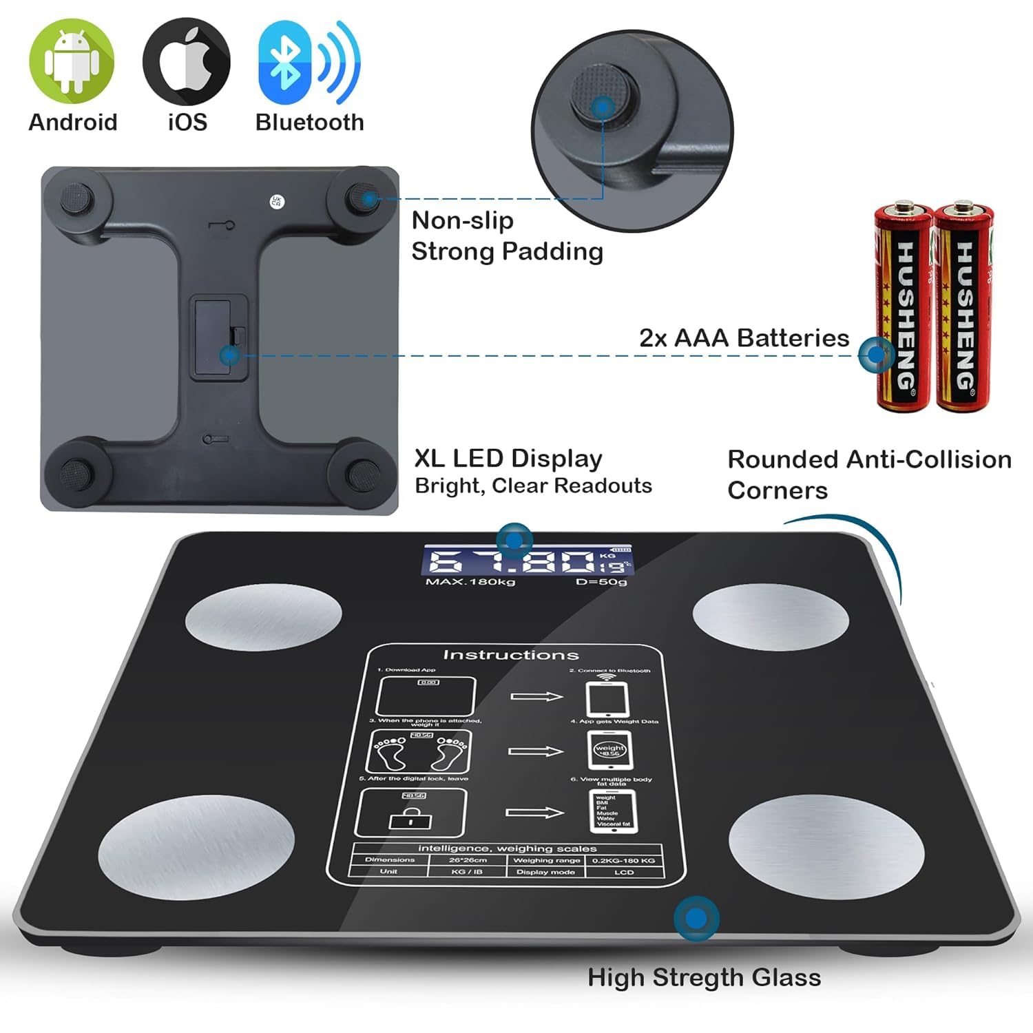 Smart Scale for Body Weight, Digital Bathroom Weighing Scale with Smart Sync App, BMI, Body Fat, Muscle Mass, Accurate Bluetooth Home User Health Equipment