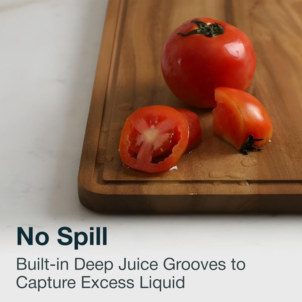 Sango Acacia Cutting Board Set - 3-Piece Wood Chopping Boards with Juice Grooves & Stand | Non-Toxic, Stackable & Reversible