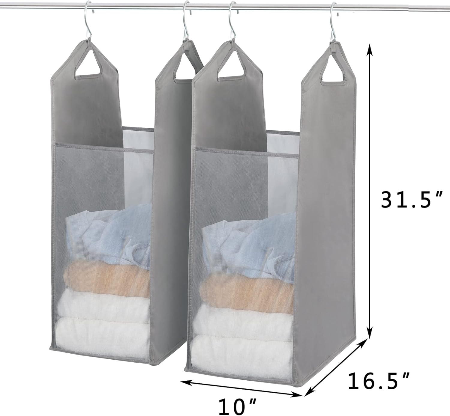 Storage Maniac 2-Pack Hanging Laundry Hamper - Slim Double Organizer with Front Mesh Bag - Grey