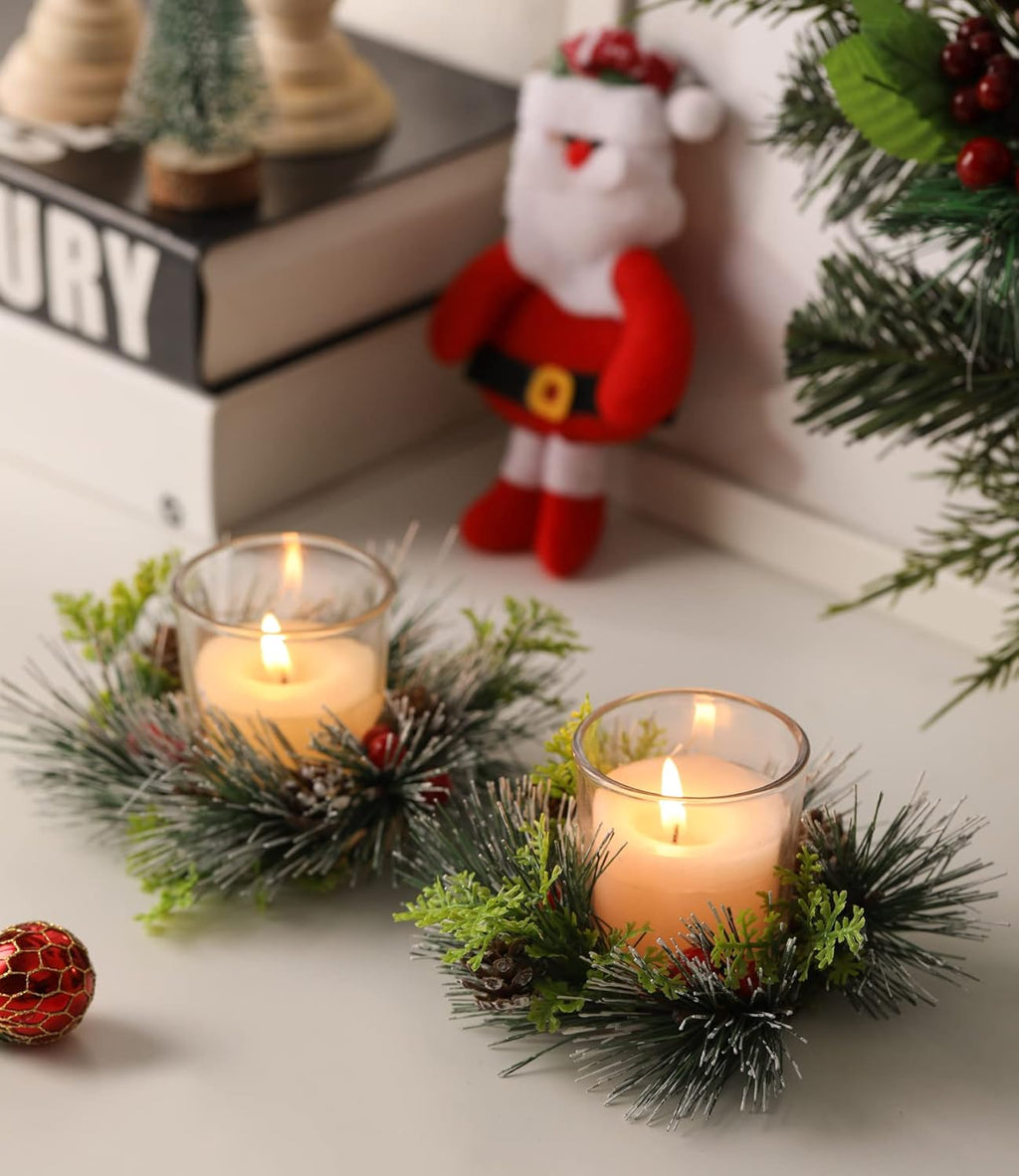 Regine Switzerland Christmas Candle Ring Set - 4 Pcs Votive Candles with Red Berry & Pinecone | Holiday Table Centerpiece Decor